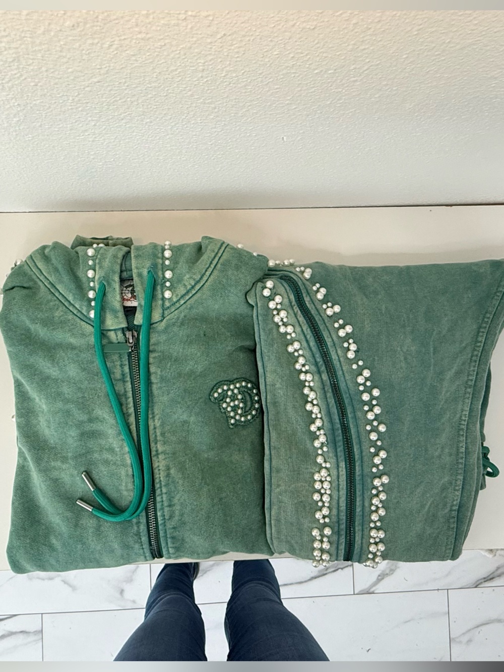 Women’s Pearl-Embellished Green Pants and Jacket